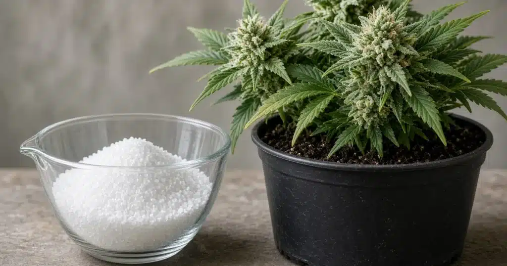 White crystalline sulfate of potash in a measuring cup beside budding cannabis in a large nursery pot