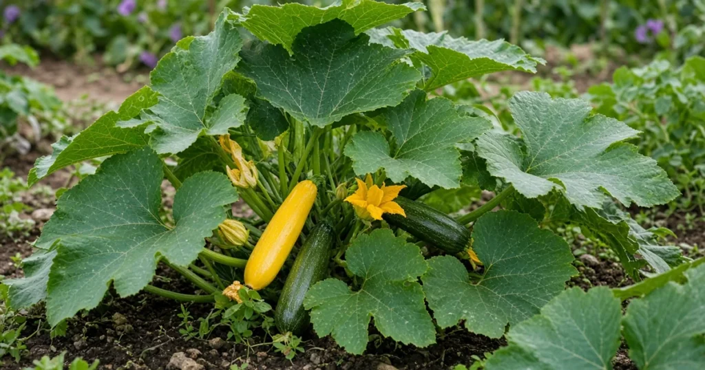 Summer squash fruits on a plant
