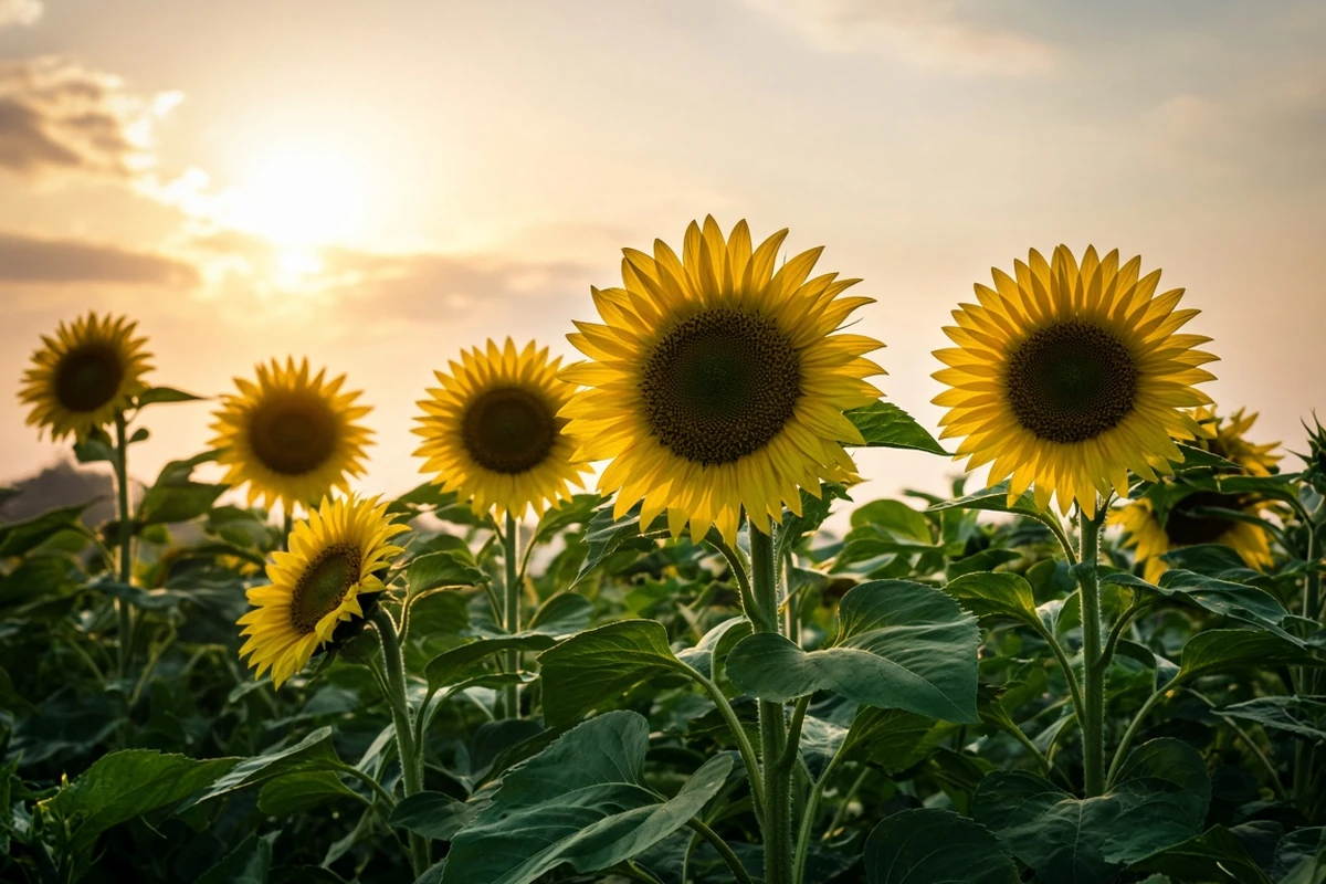 Sunflower heads facing the sun above leafy stalks