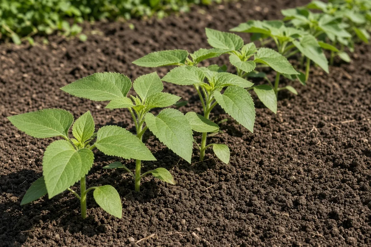 Sunflower transplants in a garden row