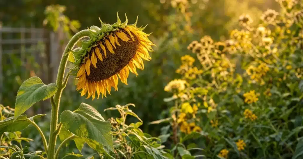 Tall sunflower with a heavy head nodding down in late summer
