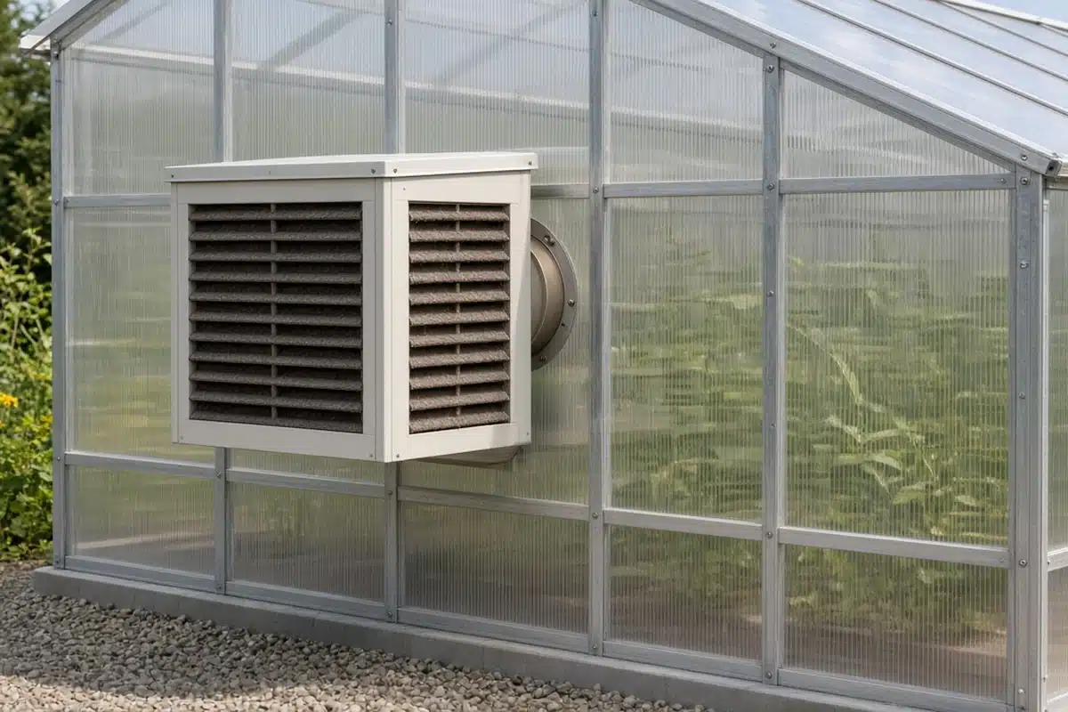 Box style evaporative cooler mounted outside the side wall of a small hobby greenhouse