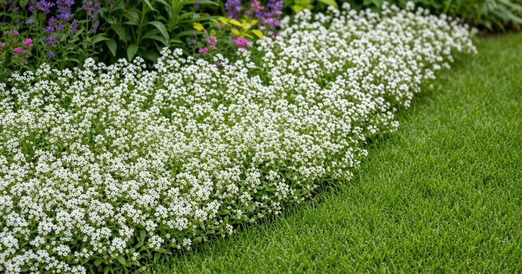 Low mat of white sweet alyssum along a border