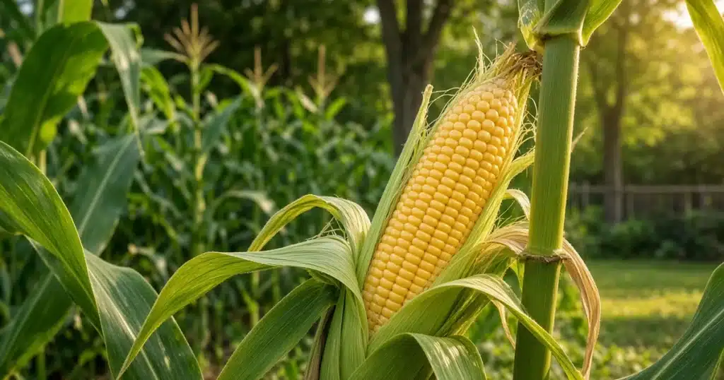 Ear of sweet corn with the husk pulled back in a garden