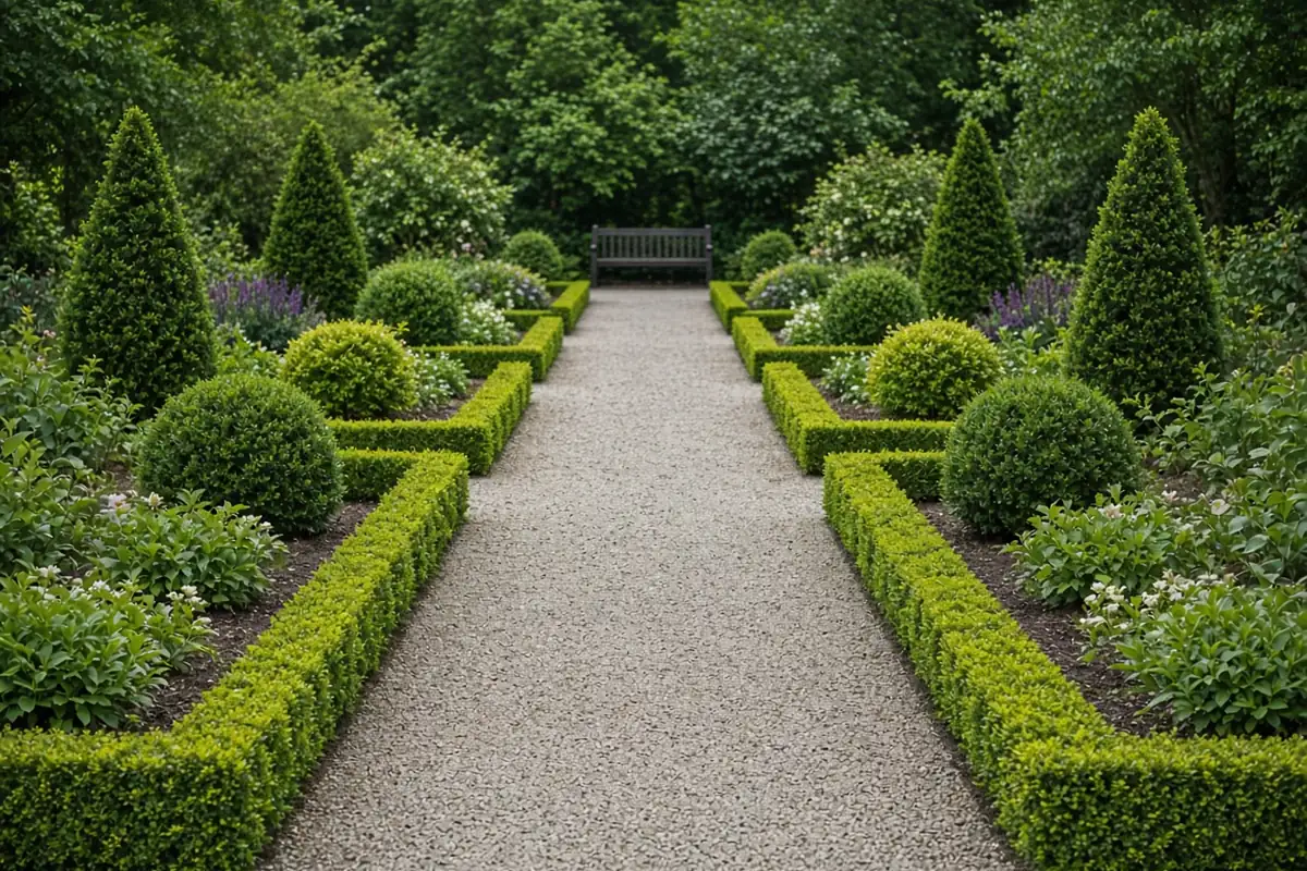 Symmetrical garden layout around a path