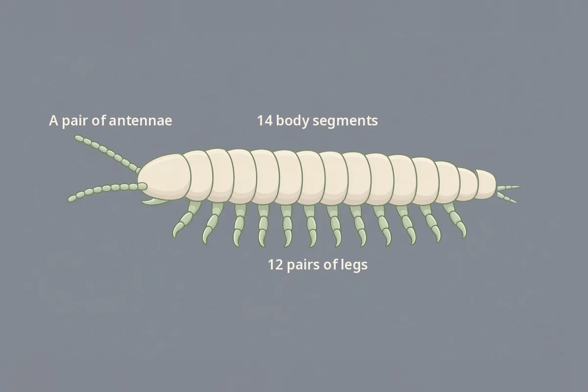 Diagram of garden symphylan anatomy showing twelve leg pairs, a pair of antennae and a pale body