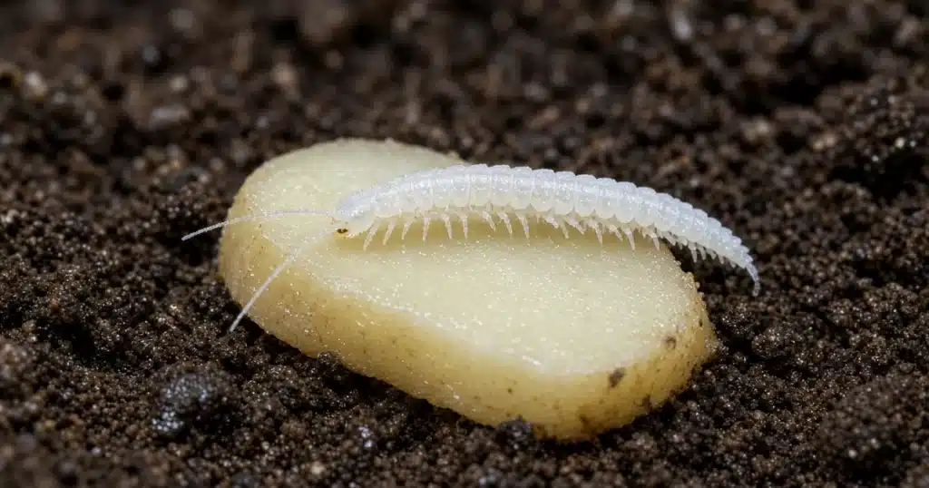 Slender white many-legged symphylan on a raw potato slice resting on dark soil
