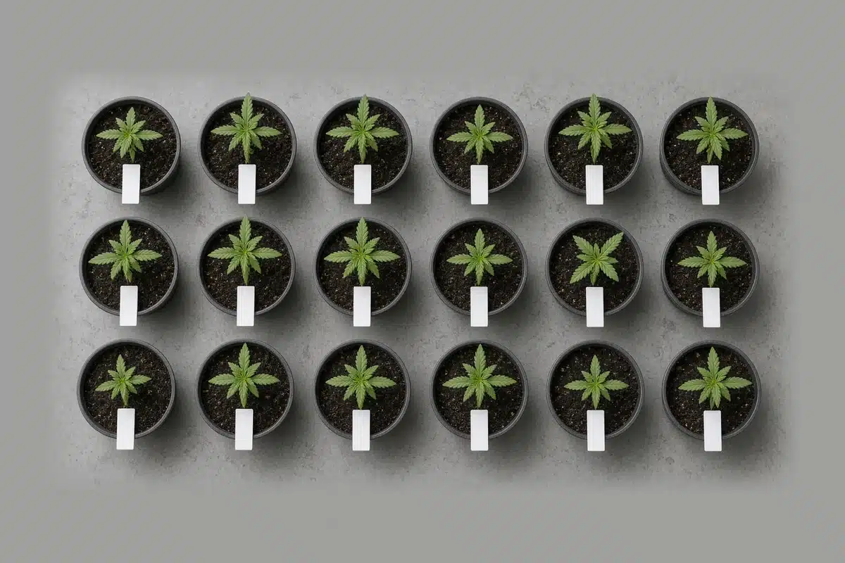 Rows of tagged cannabis seedlings in small pots