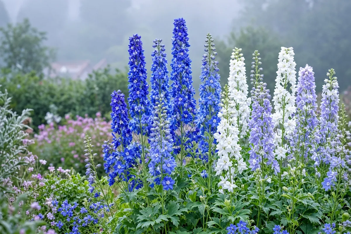 Tall delphinium spikes in a garden