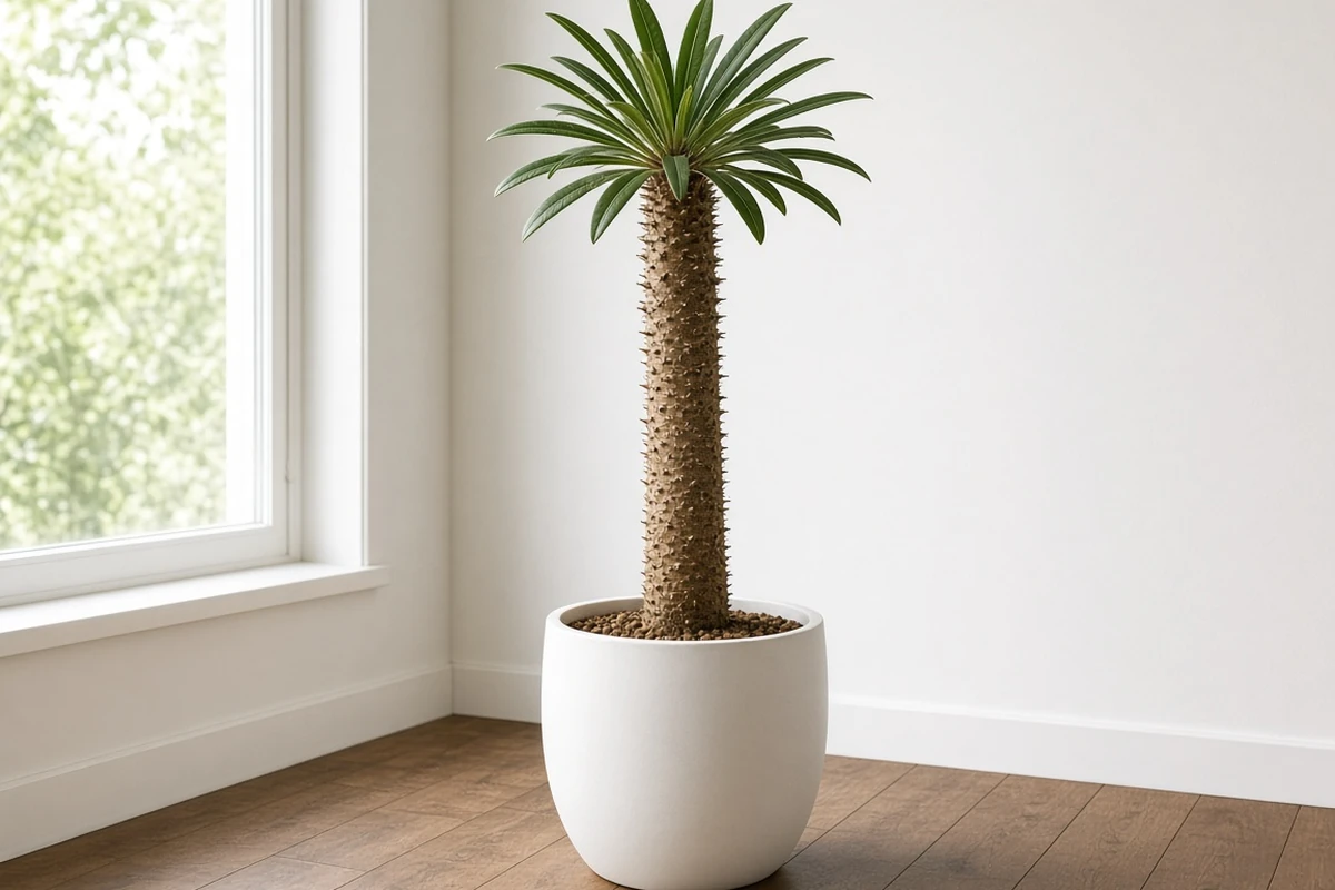 Tall potted spiny trunk succulent beside a bright window