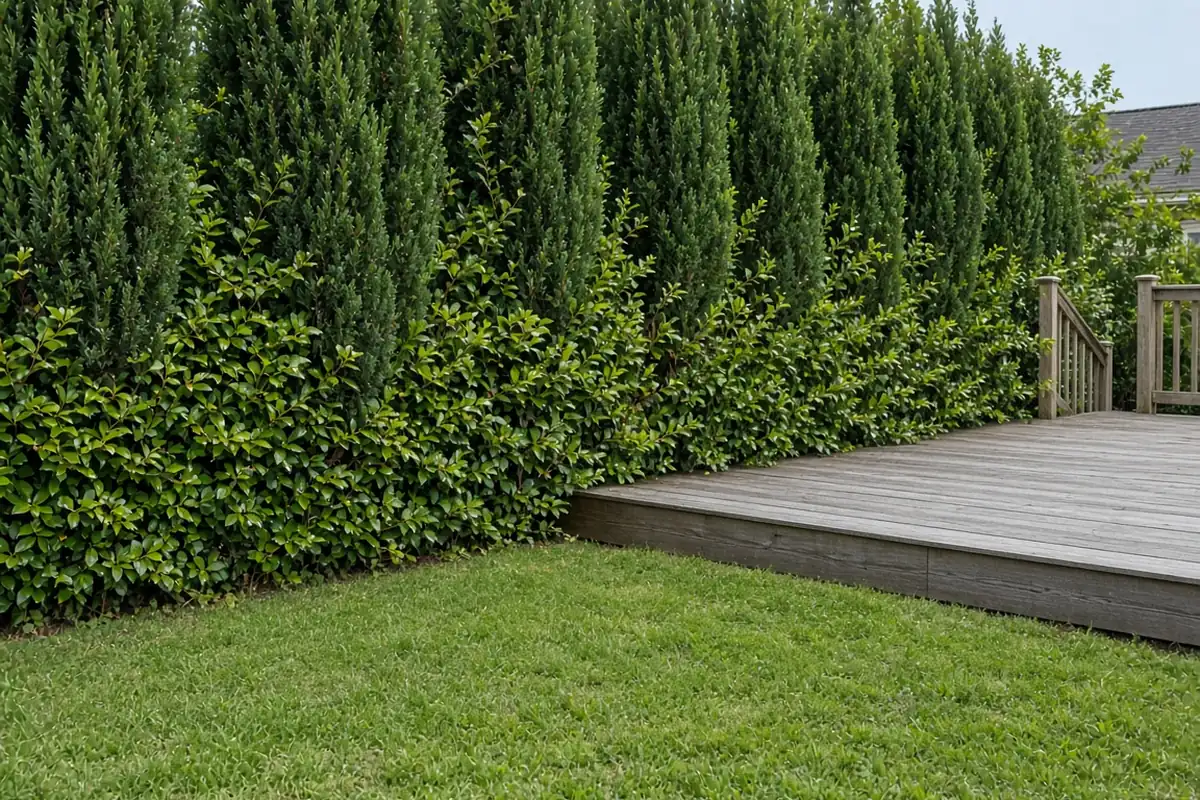 Tall shrubs screening a deck edge