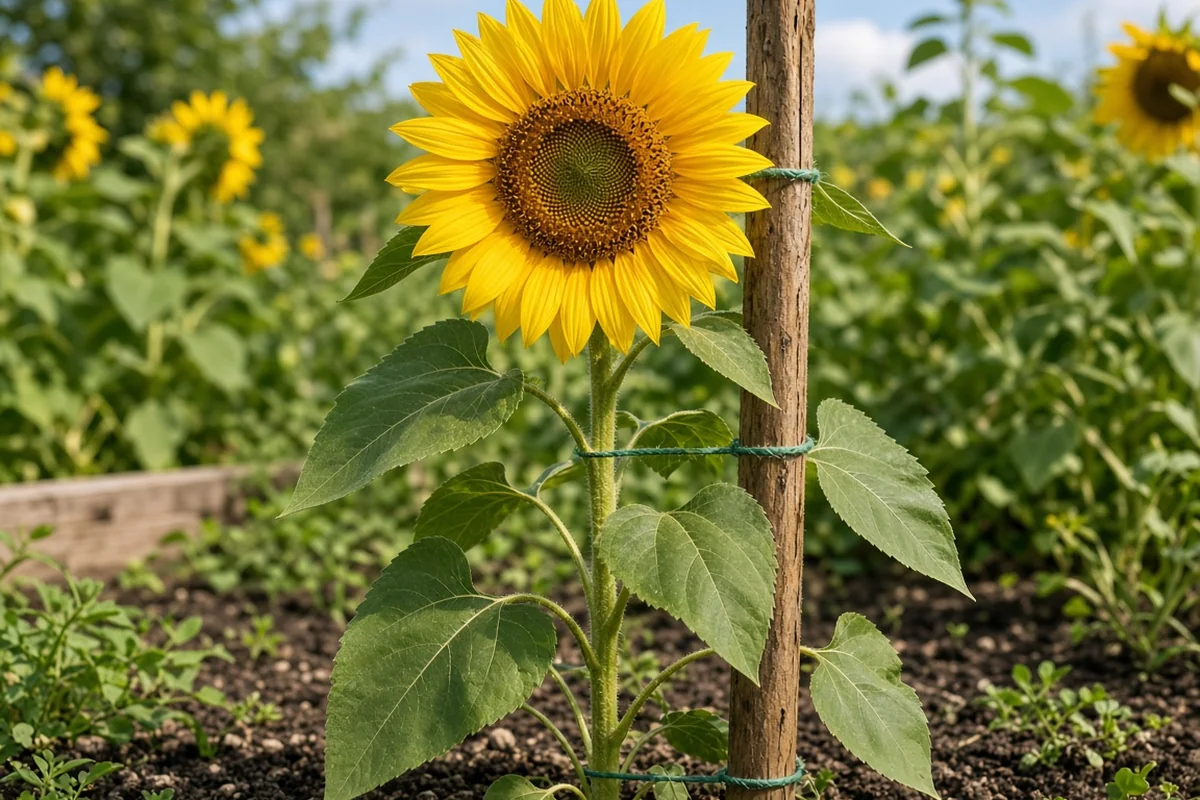 Tall sunflower stalk tied to a stake