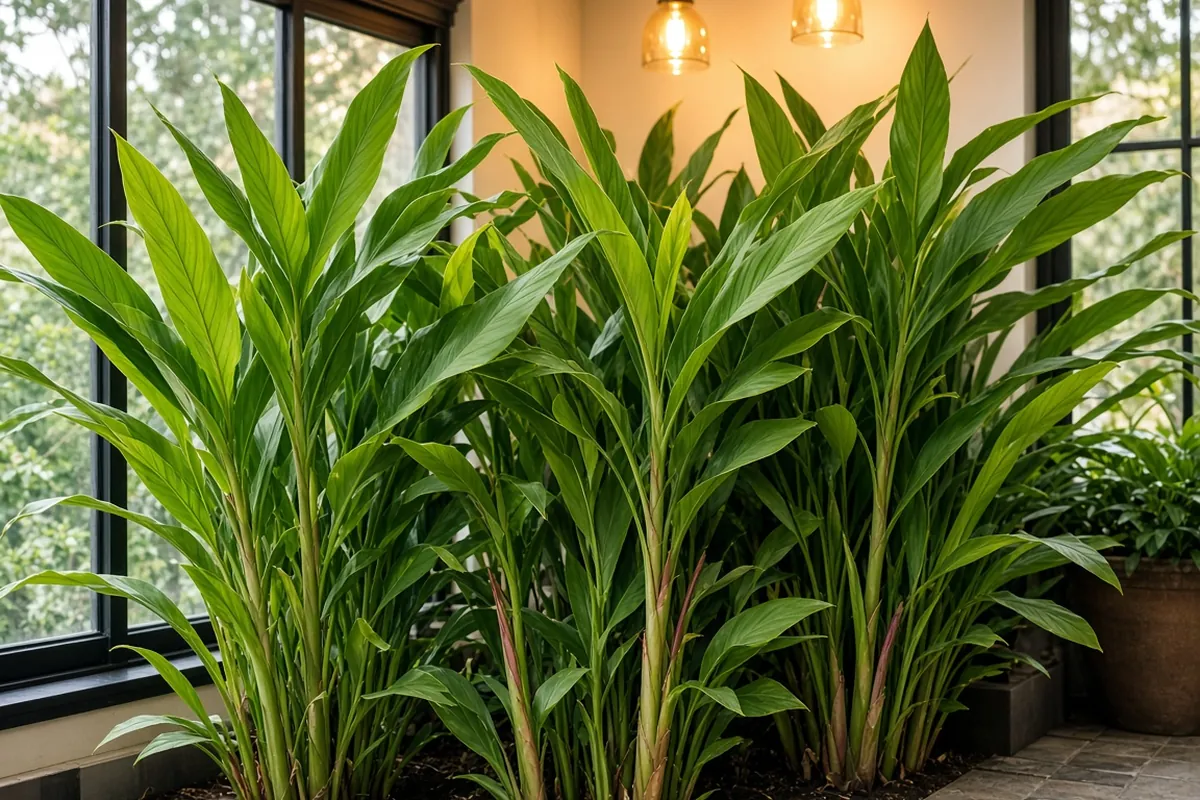Tall turmeric plants in a sunroom corner under warm lights