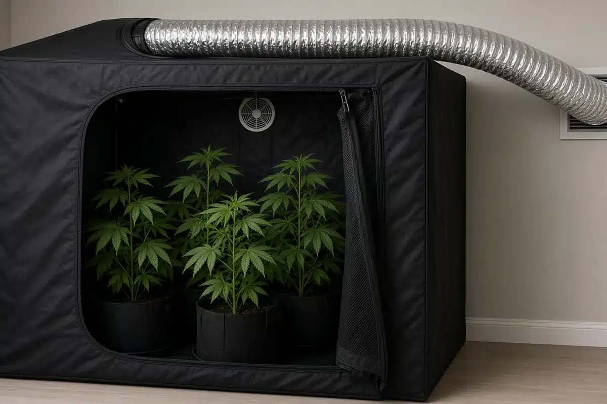 Flexible duct pulled taut and curving in a wide arc from a grow tent port toward a wall vent above cannabis plants