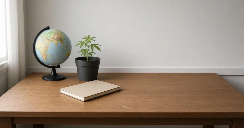 Globe beside a cannabis plant on a desk