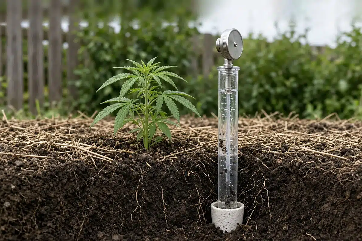 Photo-style illustration of a tensiometer set in an outdoor bed with the tip visible at root depth