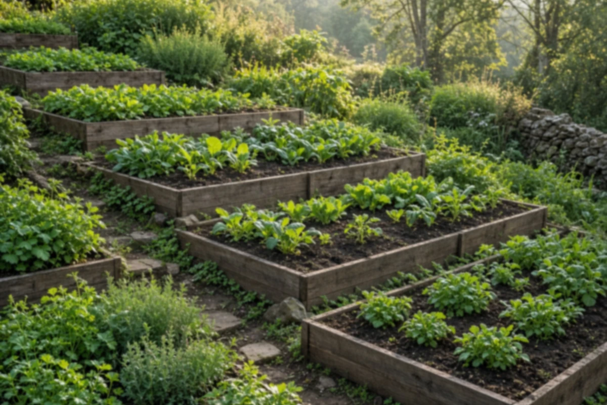 Terraced raised beds of young vegetables on a hillside