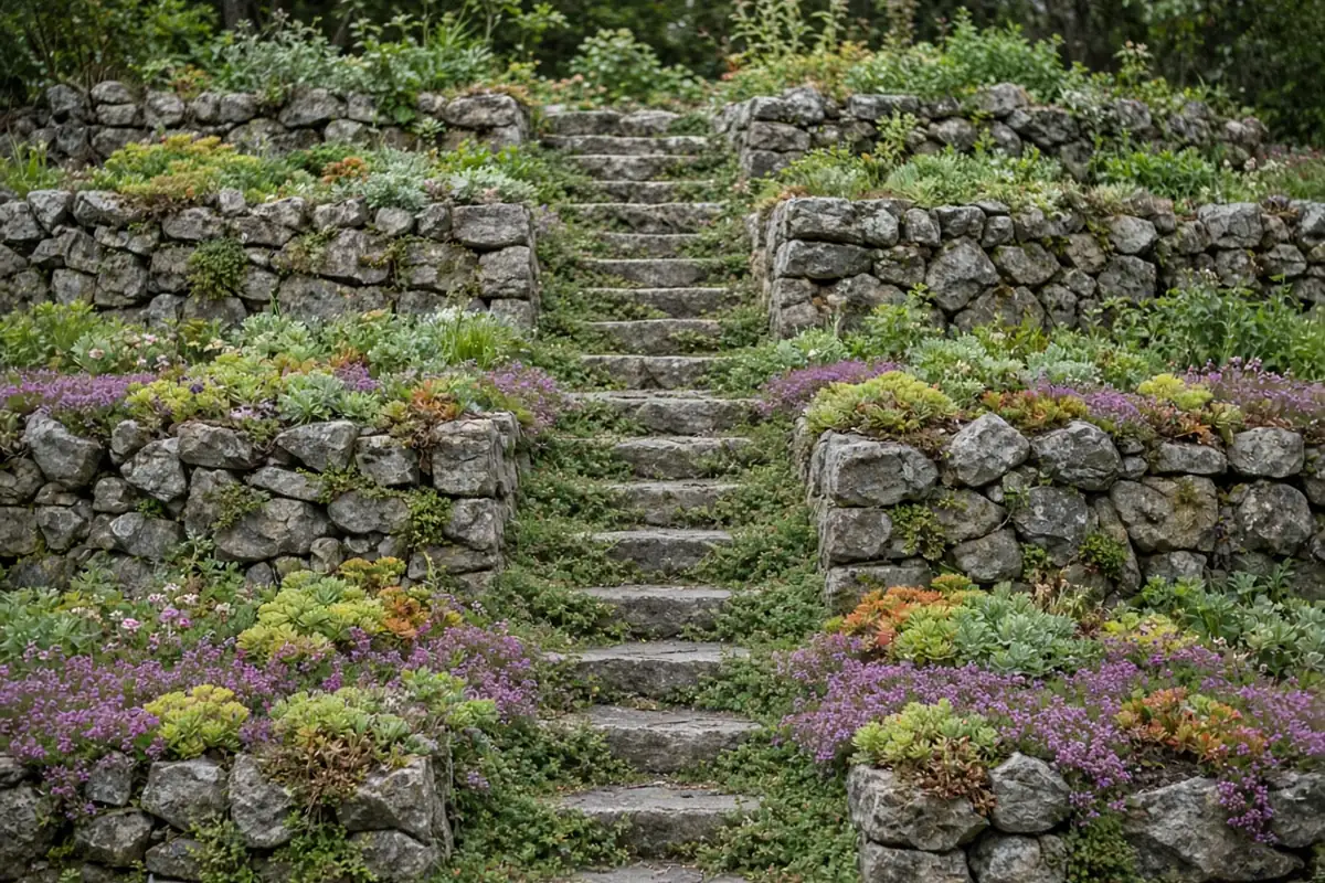 Terraced slope with steps and low plants