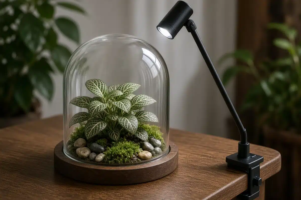 Terrarium with a nerve plant and a clip light