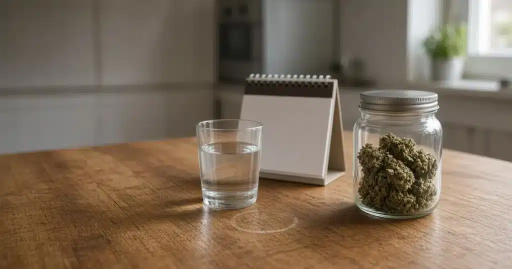 Glass of water and a calendar beside a closed jar of cannabis