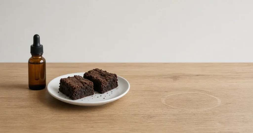 Tincture dropper bottle next to a plate of cannabis brownies