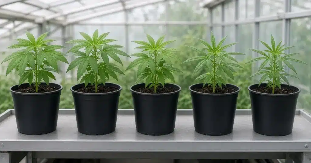 Row of young cannabis plants in matching black pots growing side by side on a greenhouse bench