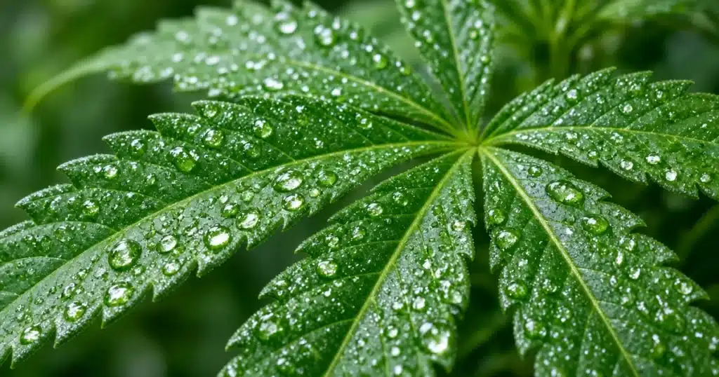 Close view of a glossy cannabis fan leaf with water droplets beading on its waxy surface under bright light