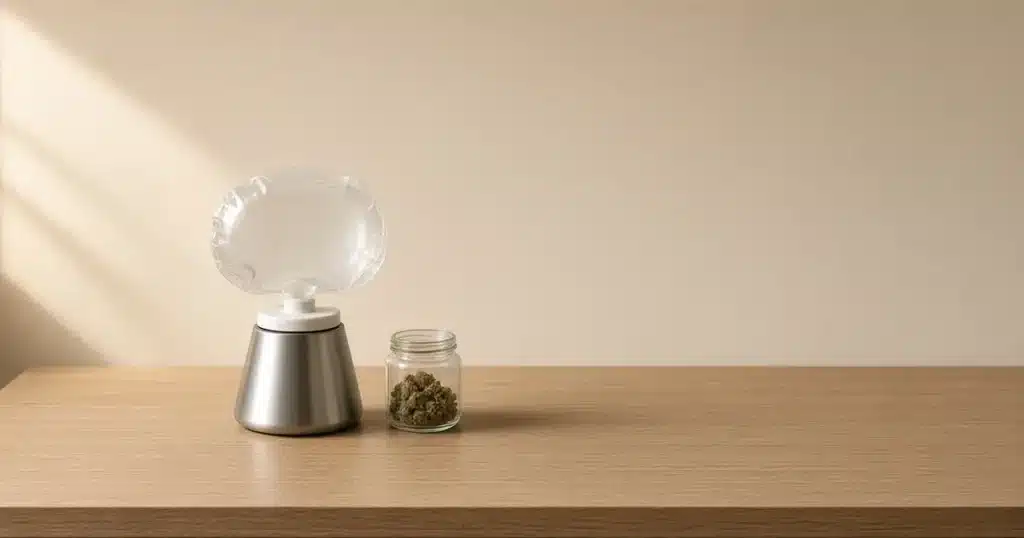 Desktop cannabis vaporizer with balloon bag beside a jar of buds