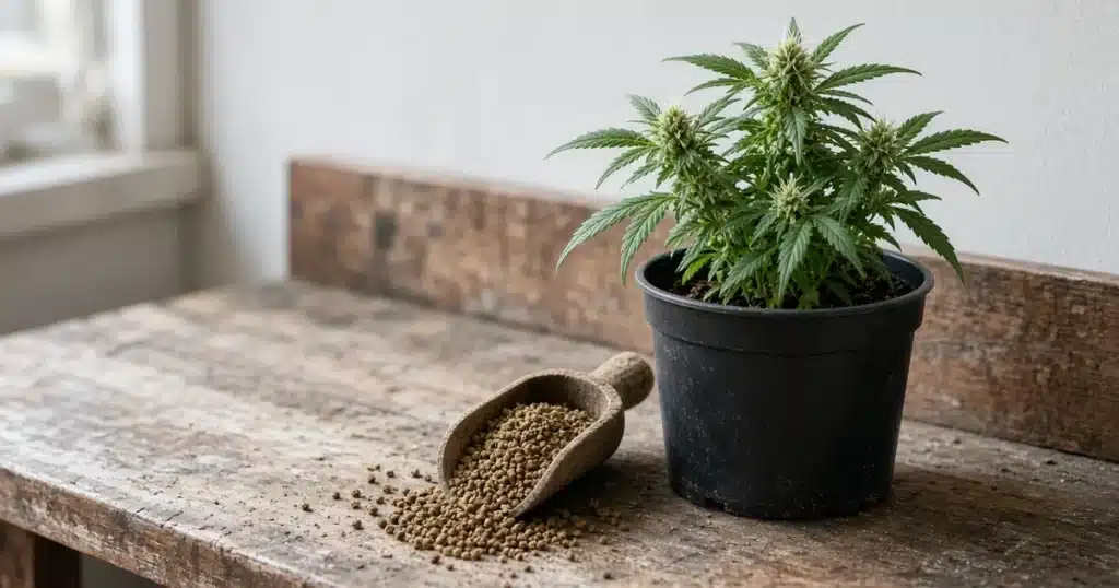 Flowering cannabis plant beside a scoop of bloom fertilizer