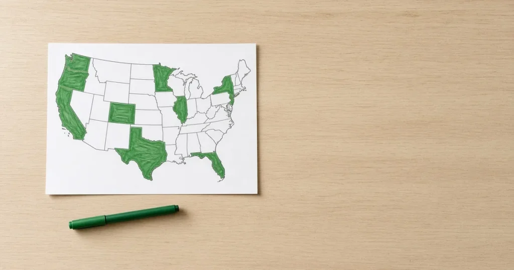Printed US map with ten states shaded green