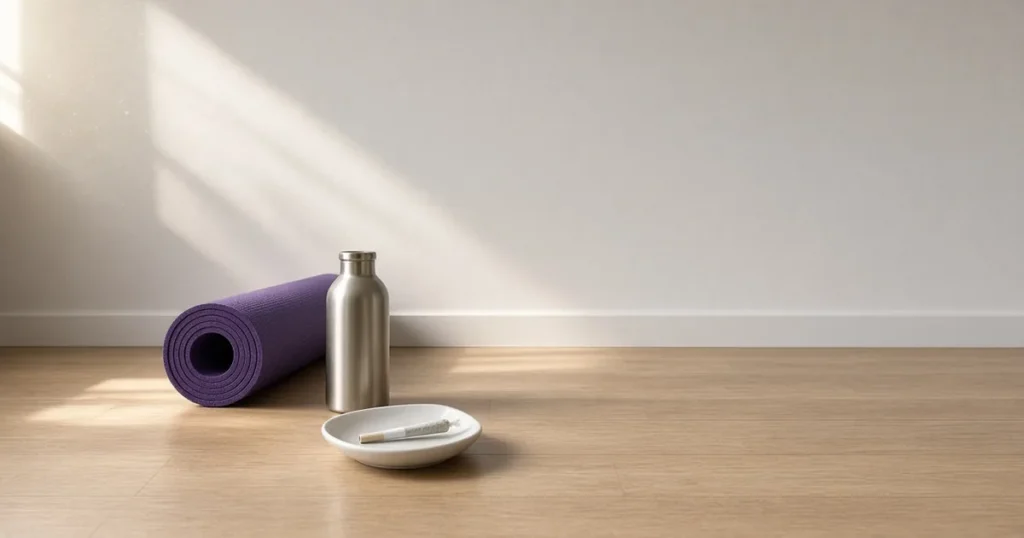 Rolled yoga mat, water bottle and a pre-rolled joint on a wooden floor