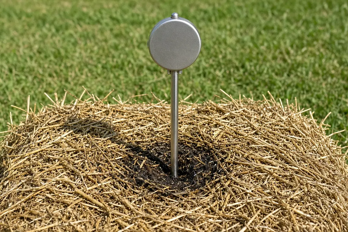 Photo-style illustration of a long-stem thermometer pushed into a conditioning straw bale