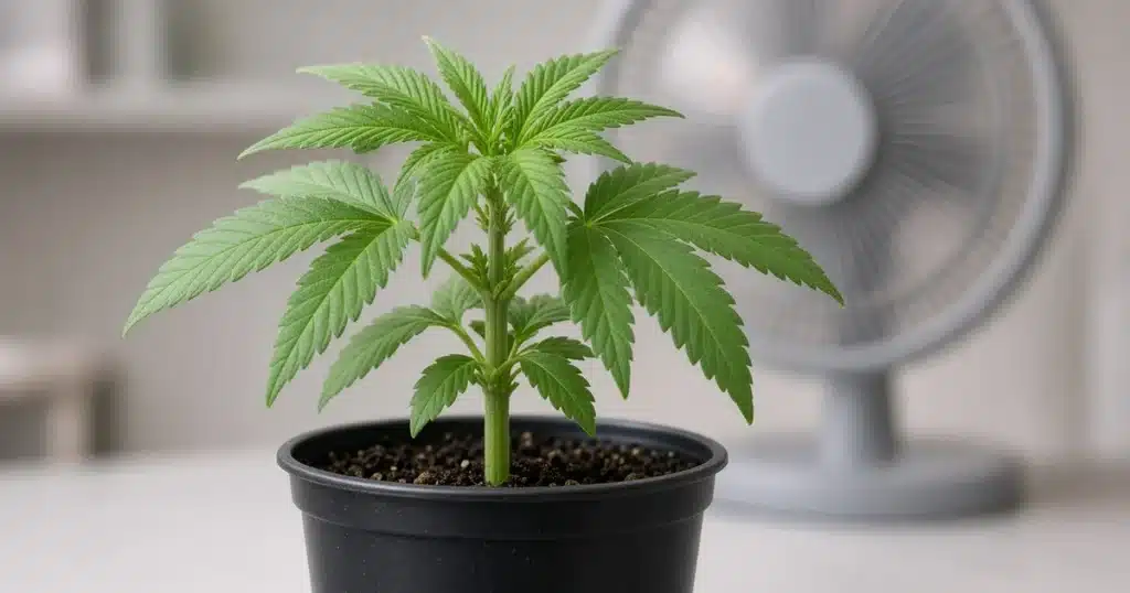 Young cannabis plant with a short, sturdy stem and tight leaf spacing in a small pot, with a fan in the background