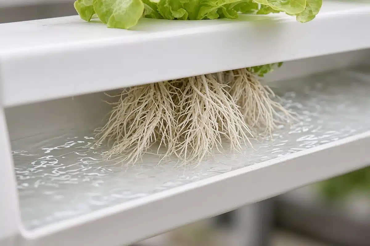 Thin film of water flowing under plant roots in a channel