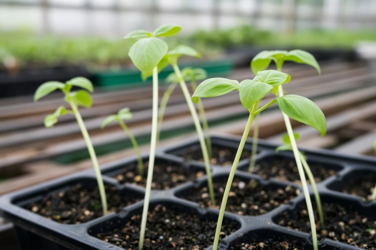 Thin stretched basil seedling stems