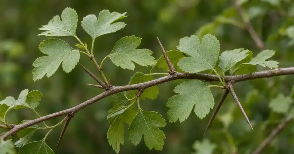 Hawthorn branch with long woody thorns
