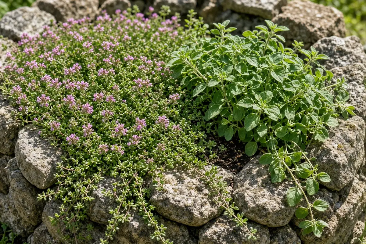 Thyme and oregano growing at the top of a spiral bed