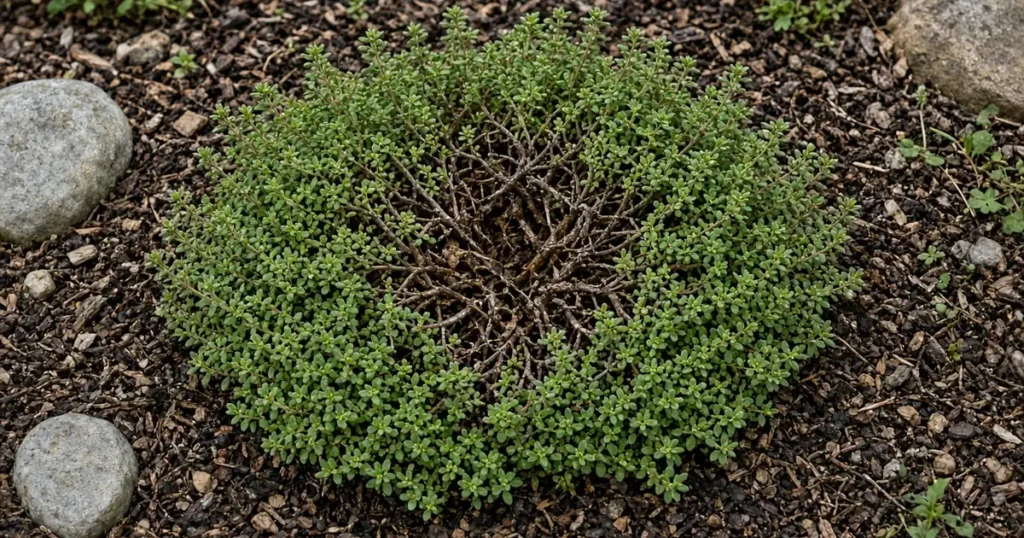 Thyme plant with a woody bare center in a bed