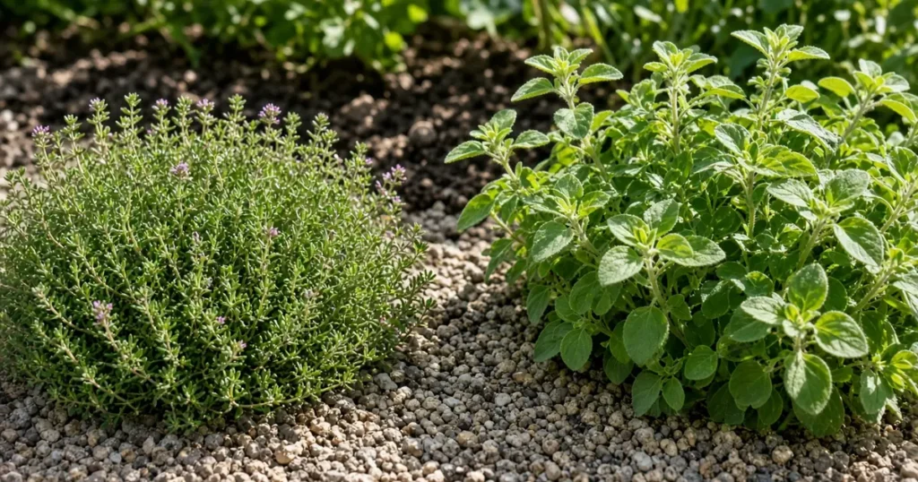 Thyme and oregano growing side by side