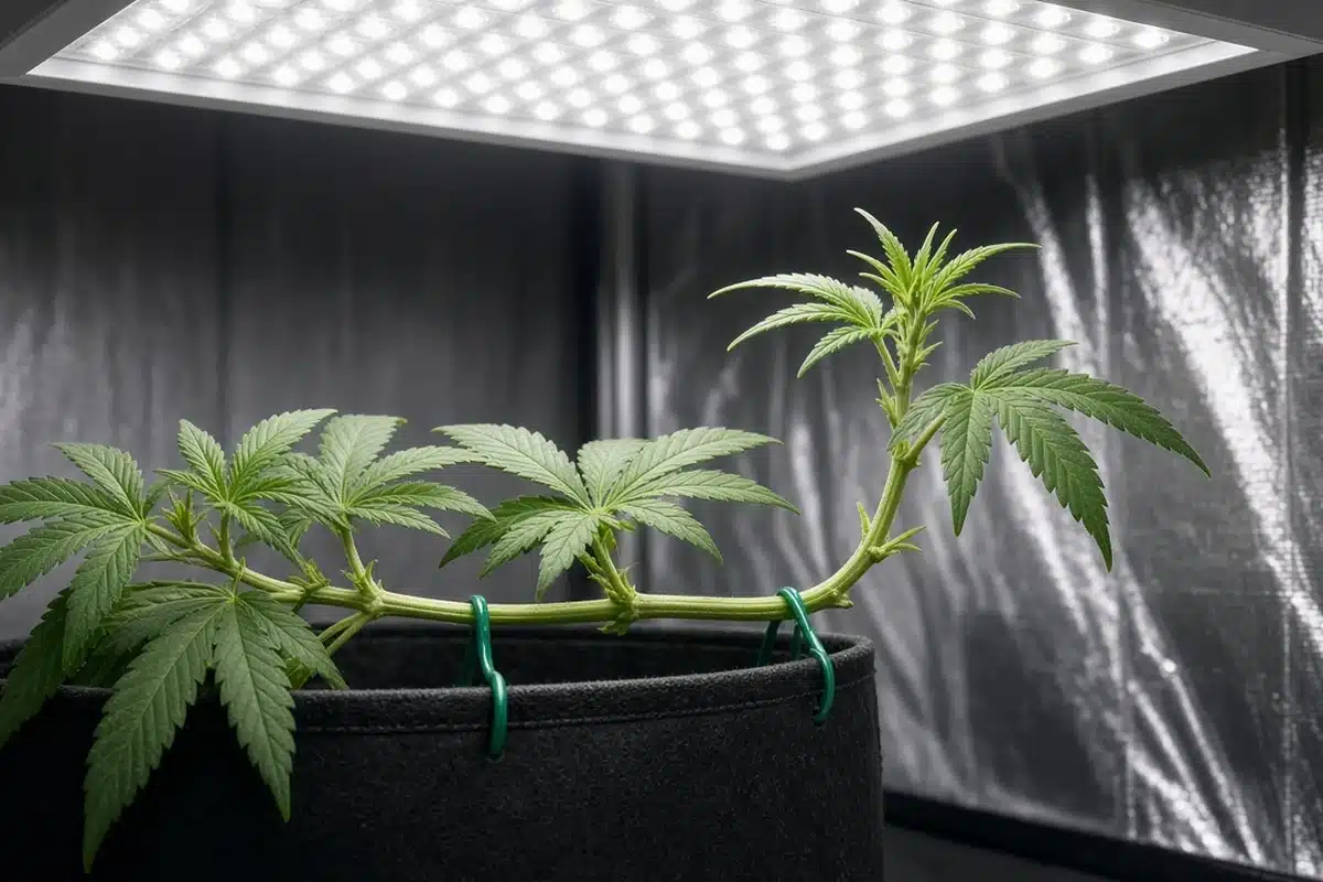 Cannabis branch tied down horizontally with its growing tip turning up toward the grow light
