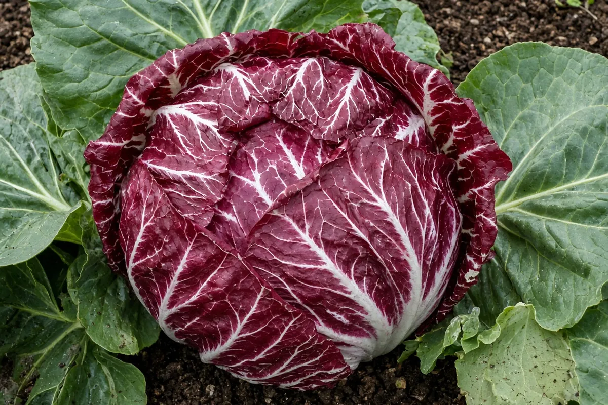 Tight red radicchio head with white veins