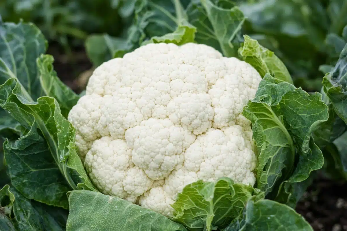 Tight white cauliflower head ready to harvest
