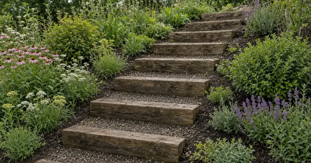 Timber steps climbing a planted garden slope
