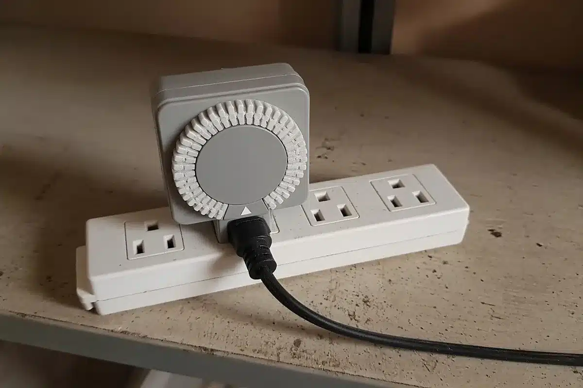 Timer plugged into a grow light power strip
