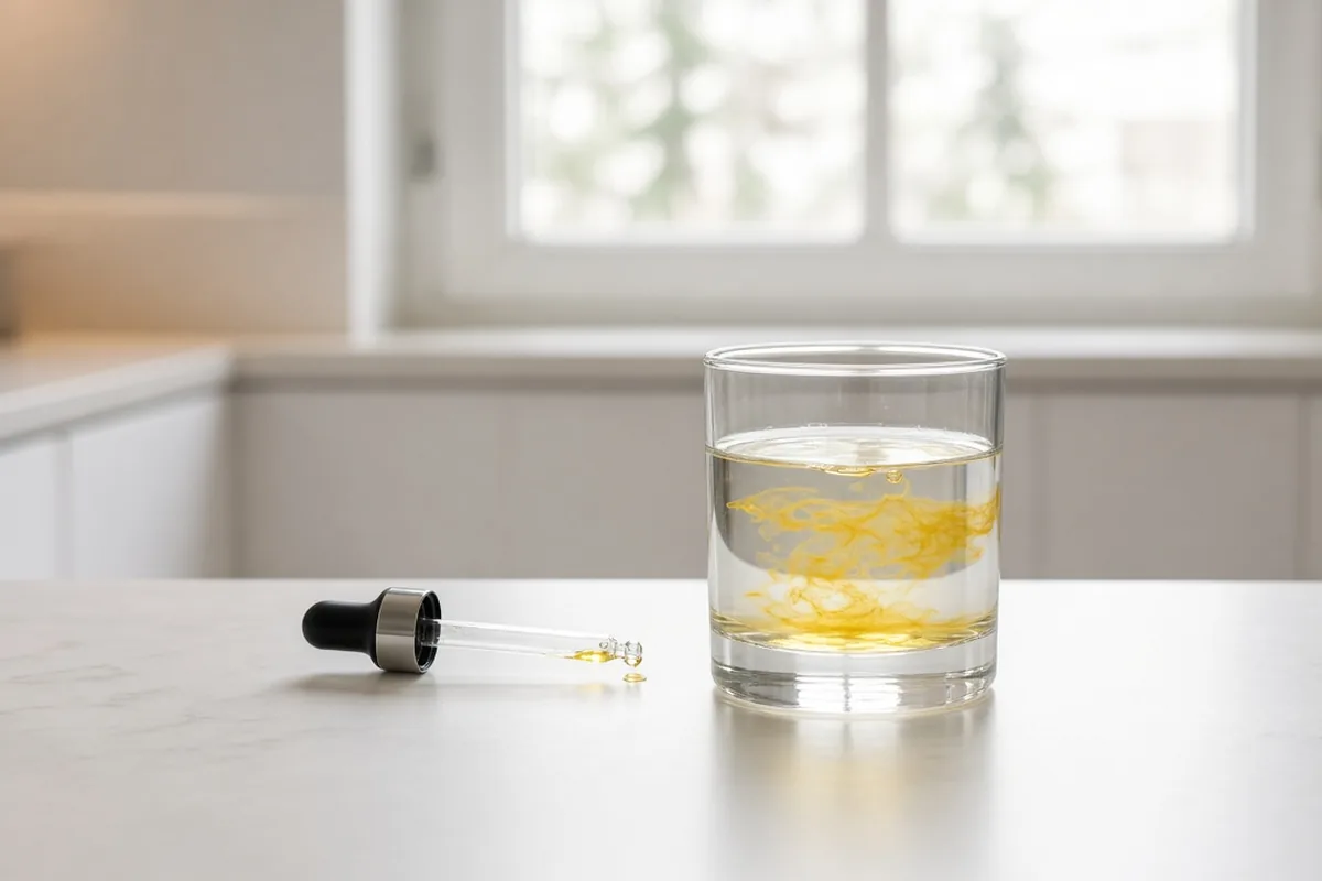 Golden tincture drops spreading in a glass of water
