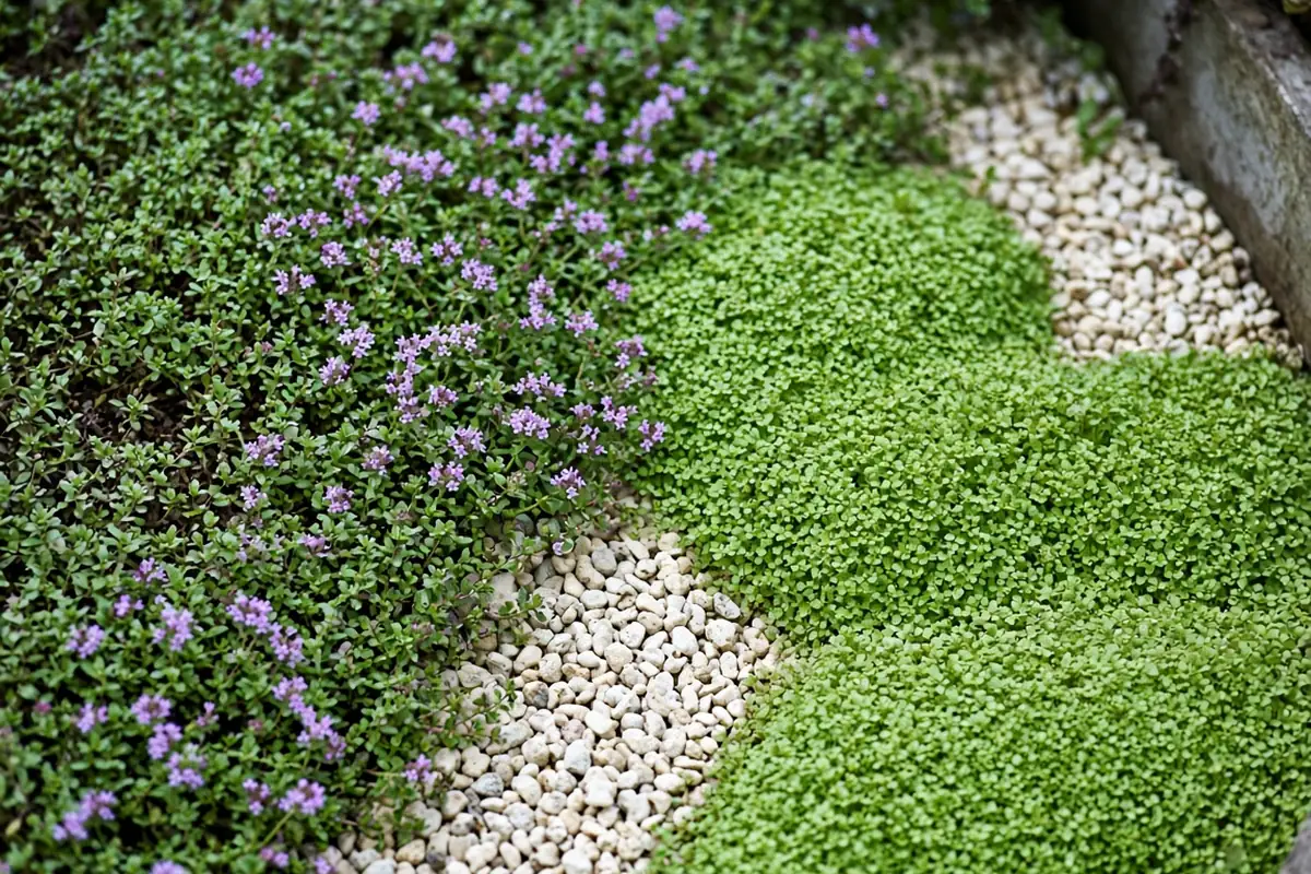 Tiny ground cover plants around a small path