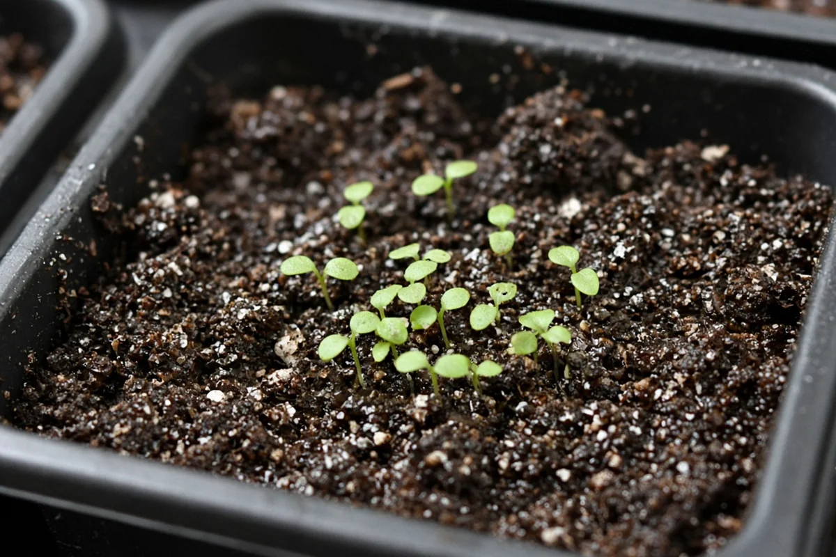 Tiny lobelia seedlings in starter cells