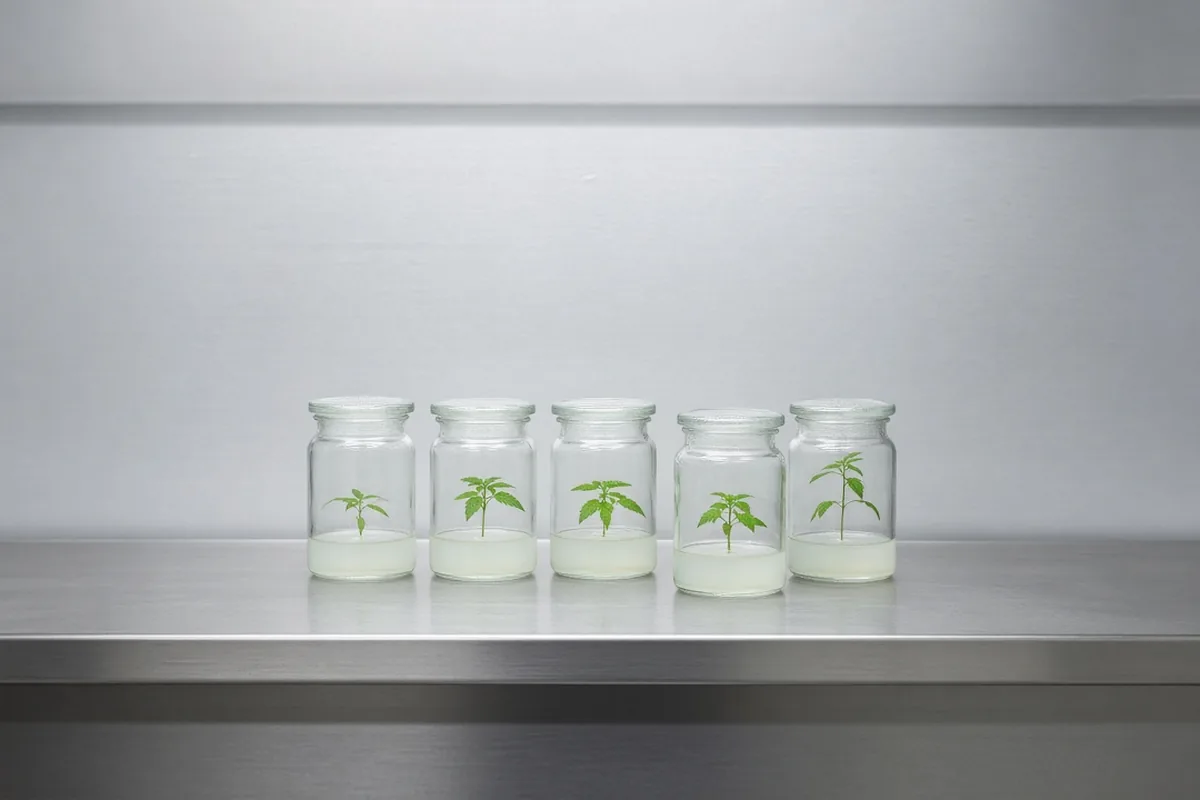 Cannabis plantlets growing in tissue culture jars