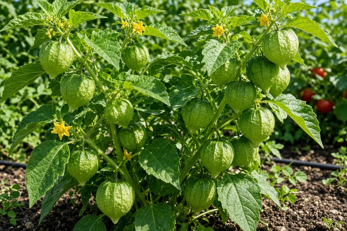 Tomatillo plant with yellow flowers and green husks in a garden bed
