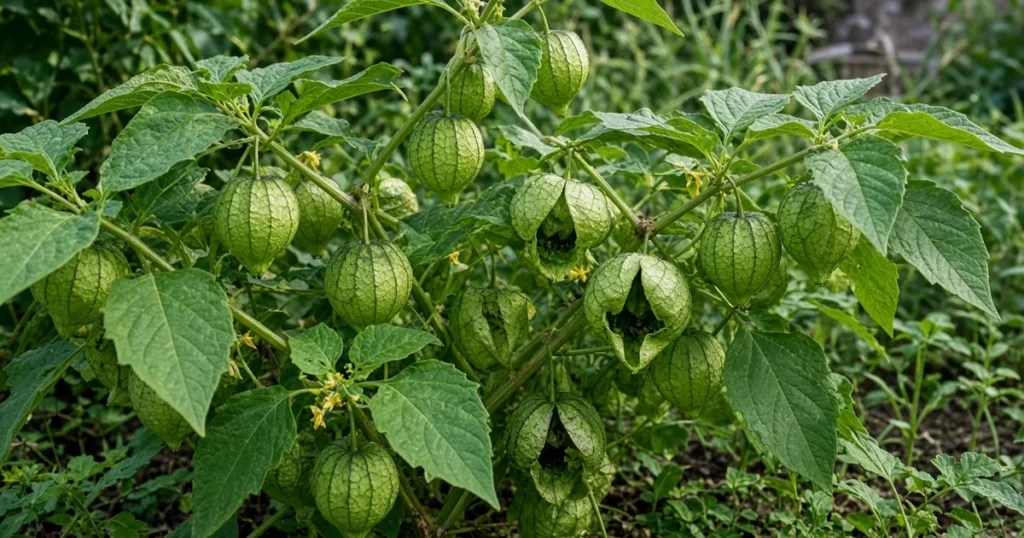 Tomatillo plant with green papery husks, some split open